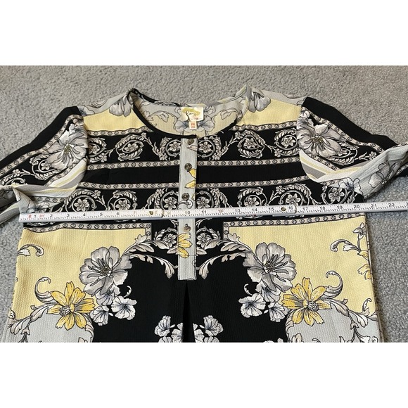 Fig And Flower Floral Tunic Blouse M Black Gray Crepe Boho Cottagecore Career - Picture 10 of 15